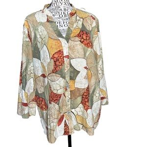 Alfred Dunner Multicolor Floral Leaves Cotton Pearl Button Up Tunic Blouse 18 XL